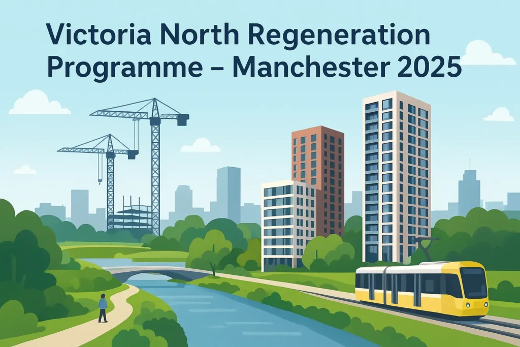 View of Victoria North regeneration in Manchester showing new urban housing, City River Park green spaces, modern apartment towers, and improved transport links as part of the £4 billion redevelopment project