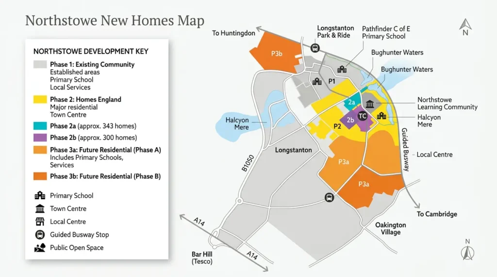 Northstowe new homes masterplan map with phased housing zones and local infrastructure.